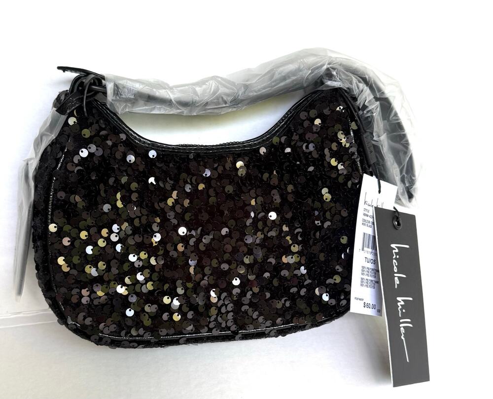 Nicole Miller Black Sequin Handbag Shoulder Buckle Purse Zip Evening Bag New